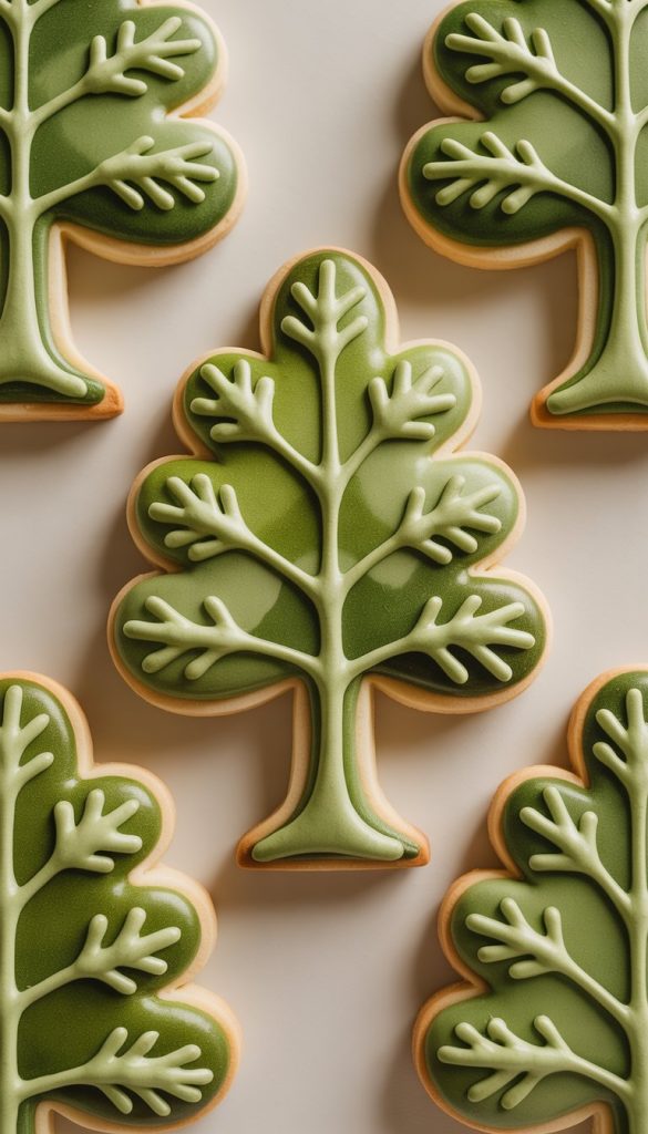 Tree-shaped cookies decorated with green icing featuring branch-like designs, arranged on a light surface.