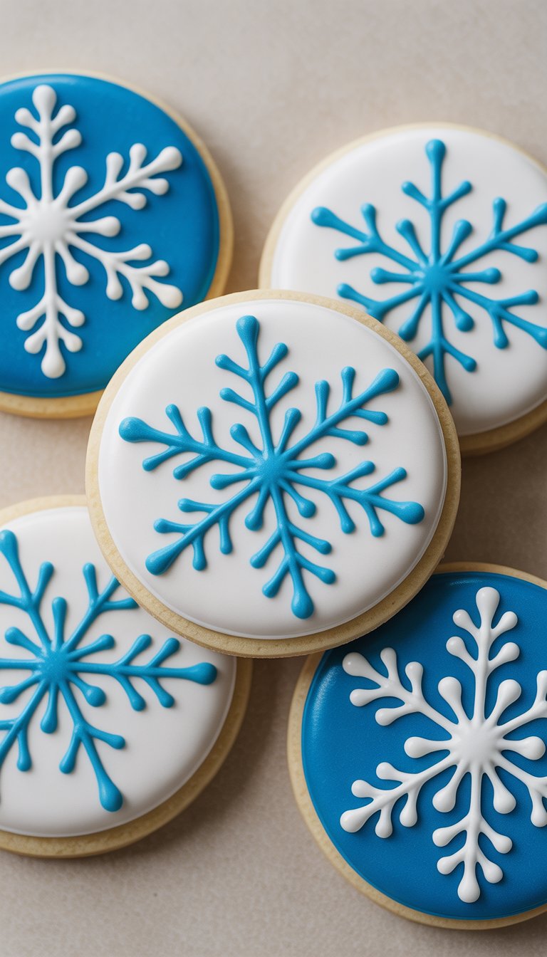 Closeup of several blue and white snowflake-decorated sugar cookies arranged on a clean surface.