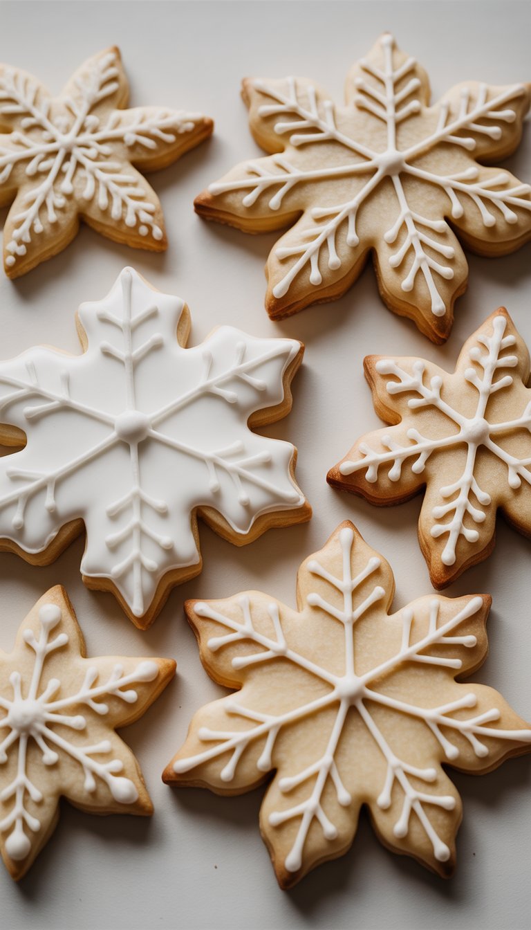 Close-up view of several snowflake-shaped sugar cookies decorated with white royal icing, arranged neatly on a plain background.