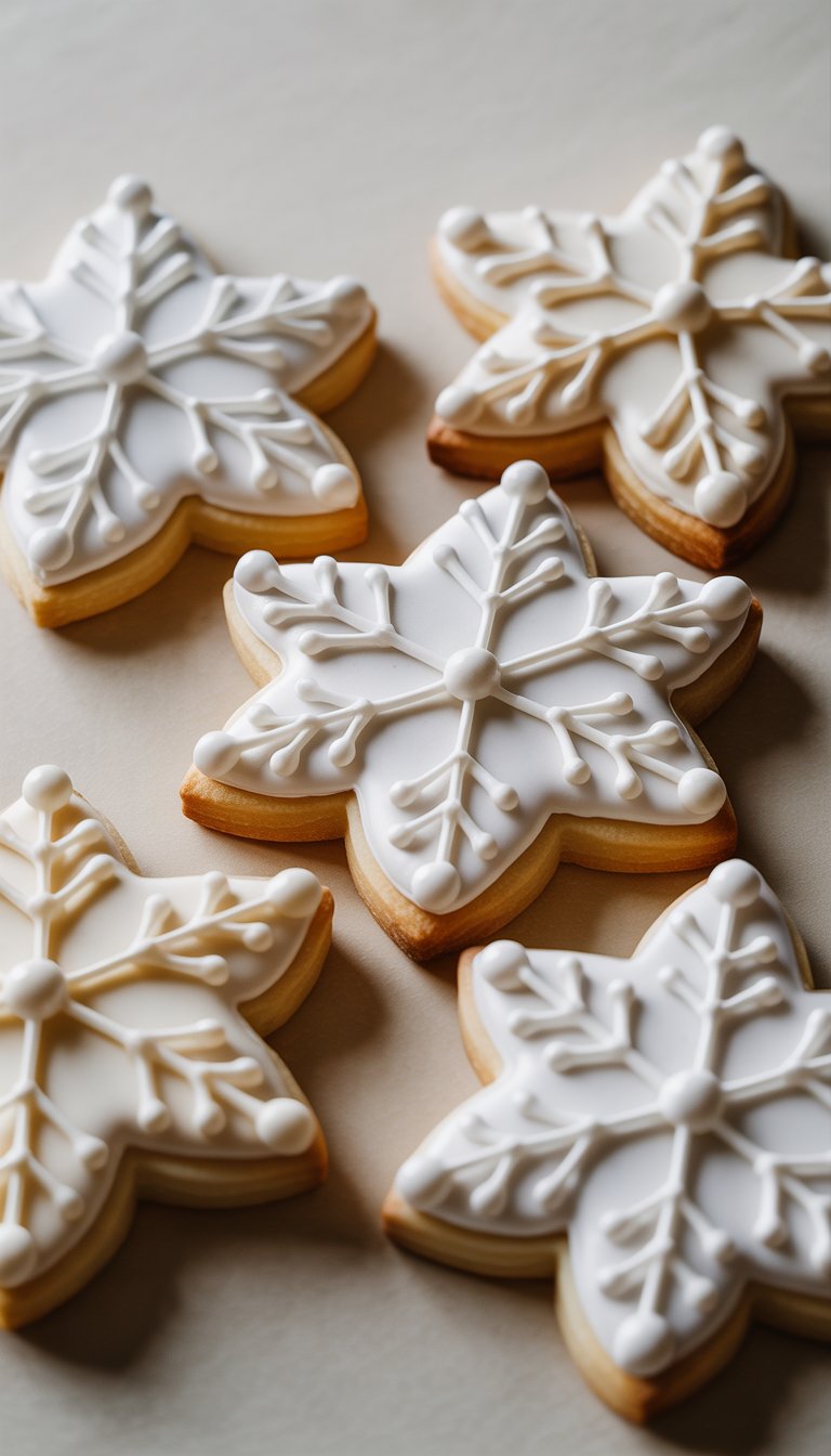 Closeup of several sugar cookies decorated with detailed snowflake patterns on a plain background.