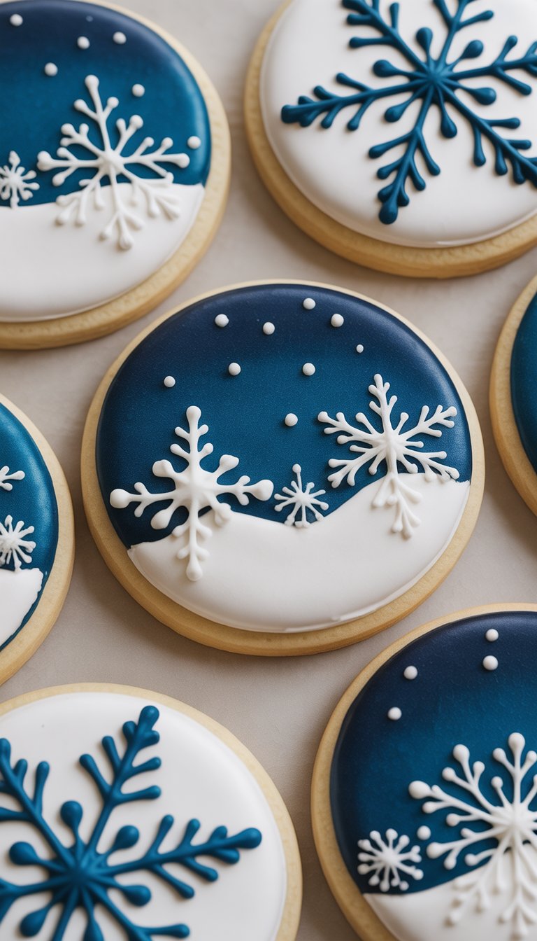 Close-up view of several sugar cookies decorated with dark blue and white snowflake patterns on a clean background.