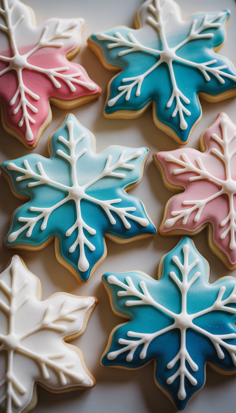Close-up view of several large snowflake sugar cookies decorated with gradient royal icing on a clean background.