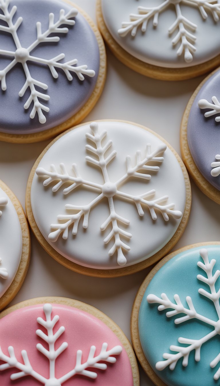 Close-up view of several frosted sugar cookies decorated with detailed snowflake designs on a clean background.