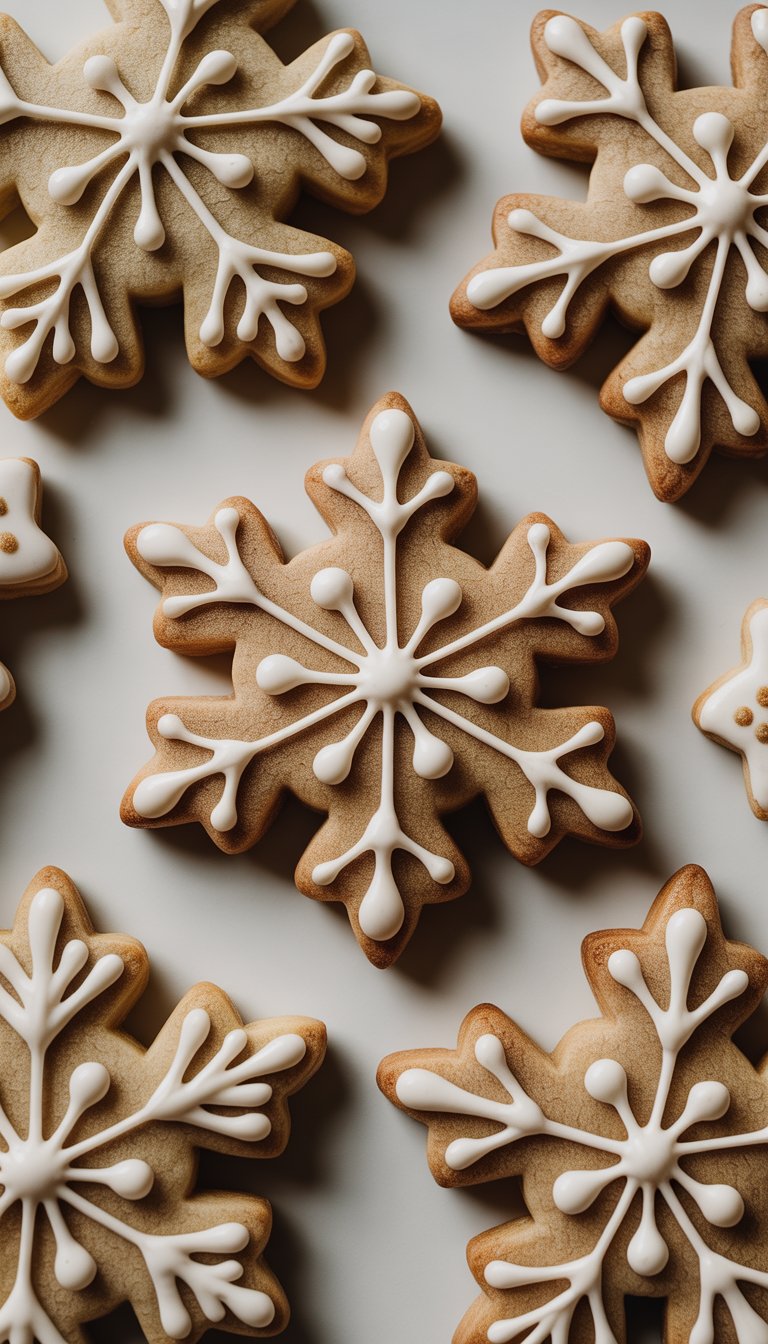 Closeup of several decorated snowflake sugar cookies with detailed icing on a clean background.