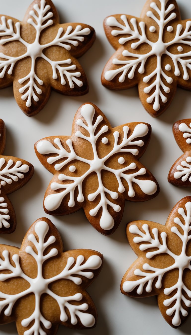 Close-up view of several gingerbread cookies decorated with white snowflake icing on a clean background.