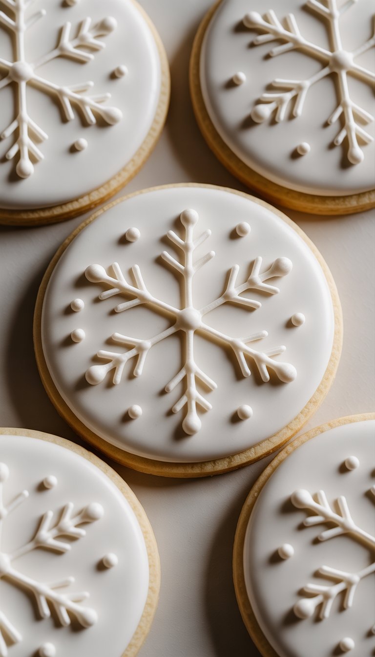 Closeup of several decorated sugar cookies with snowflake designs and tiny piped dots on a clean background.