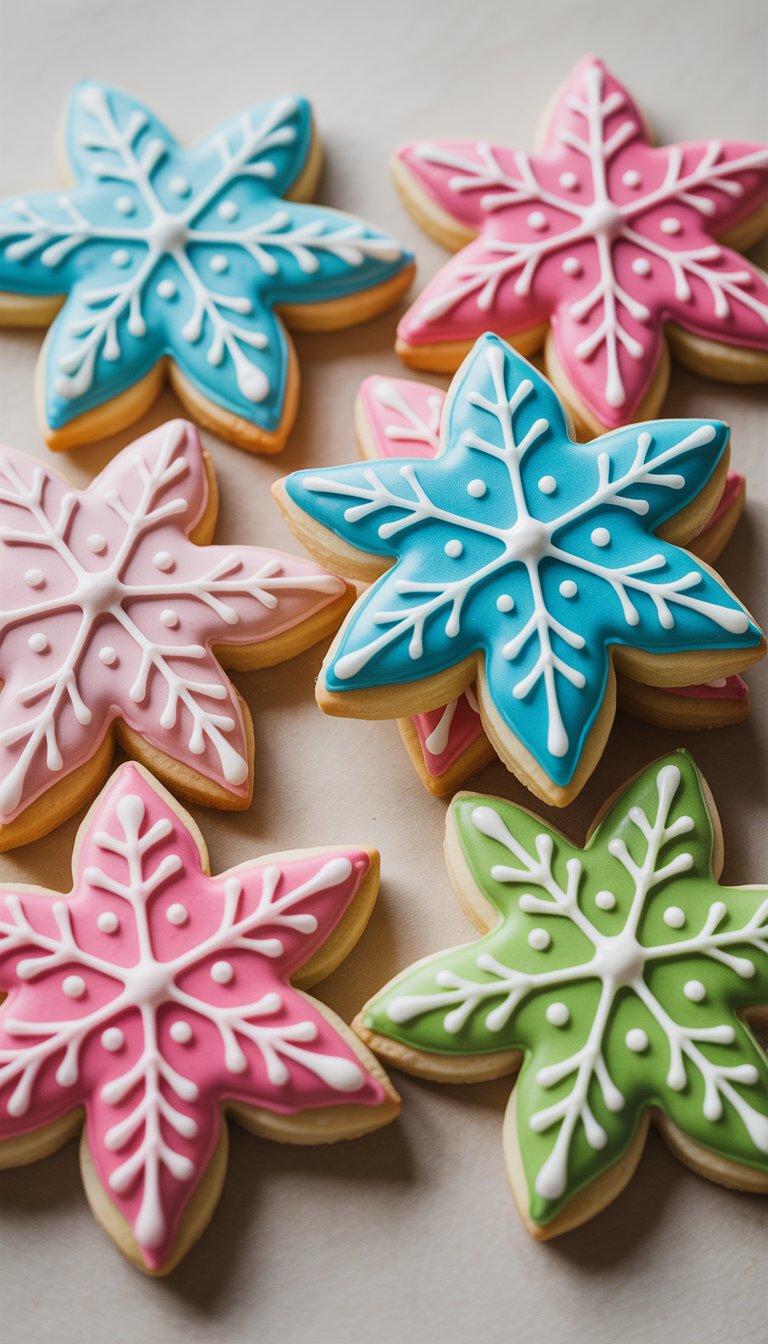 Assorted star-shaped cookies decorated with colorful icing in blue, pink, and green with white snowflake patterns.