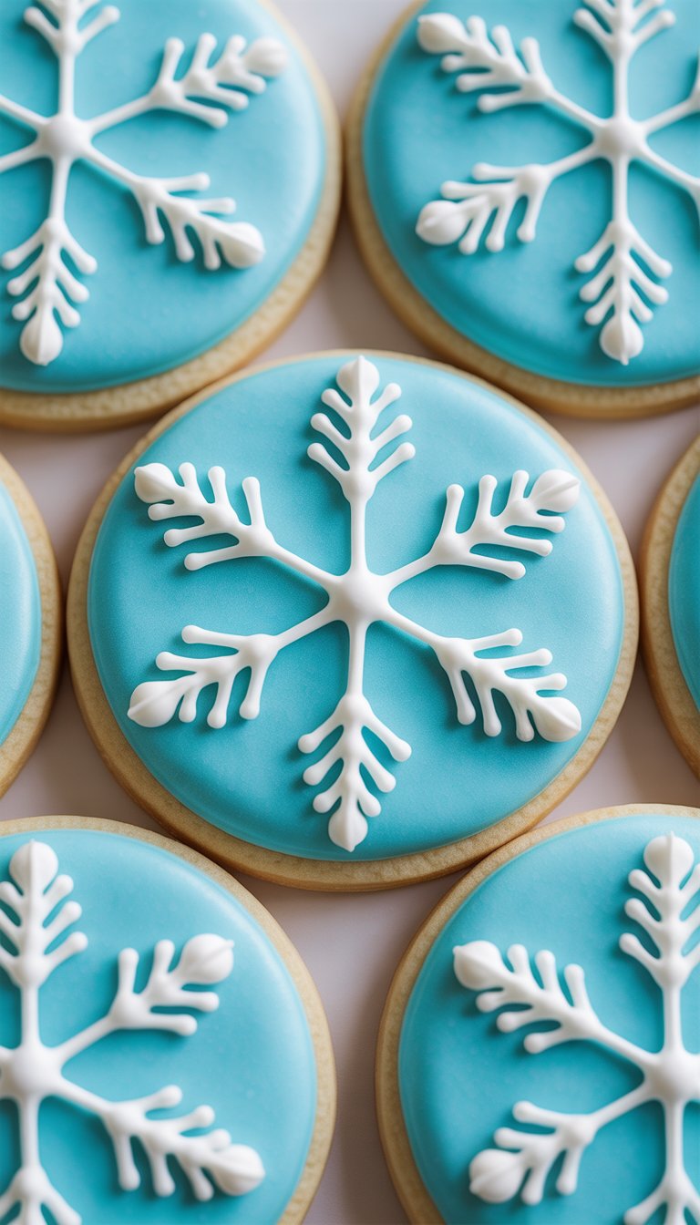 Closeup of several sugar cookies decorated with blue icing and white snowflake patterns on a clean background.