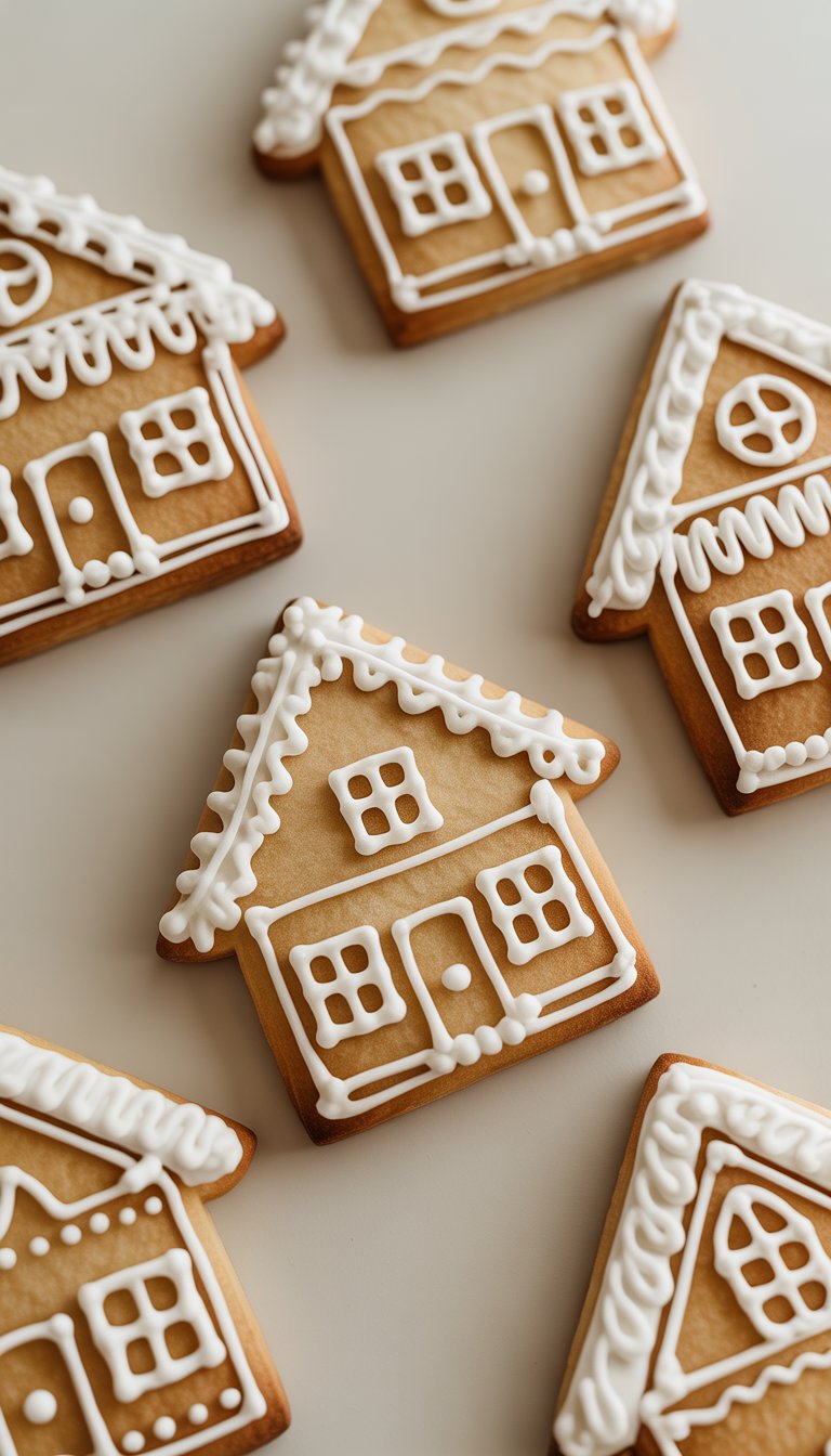 Close-up view of several decorated gingerbread house sugar cookies with detailed icing designs on a plain background.
