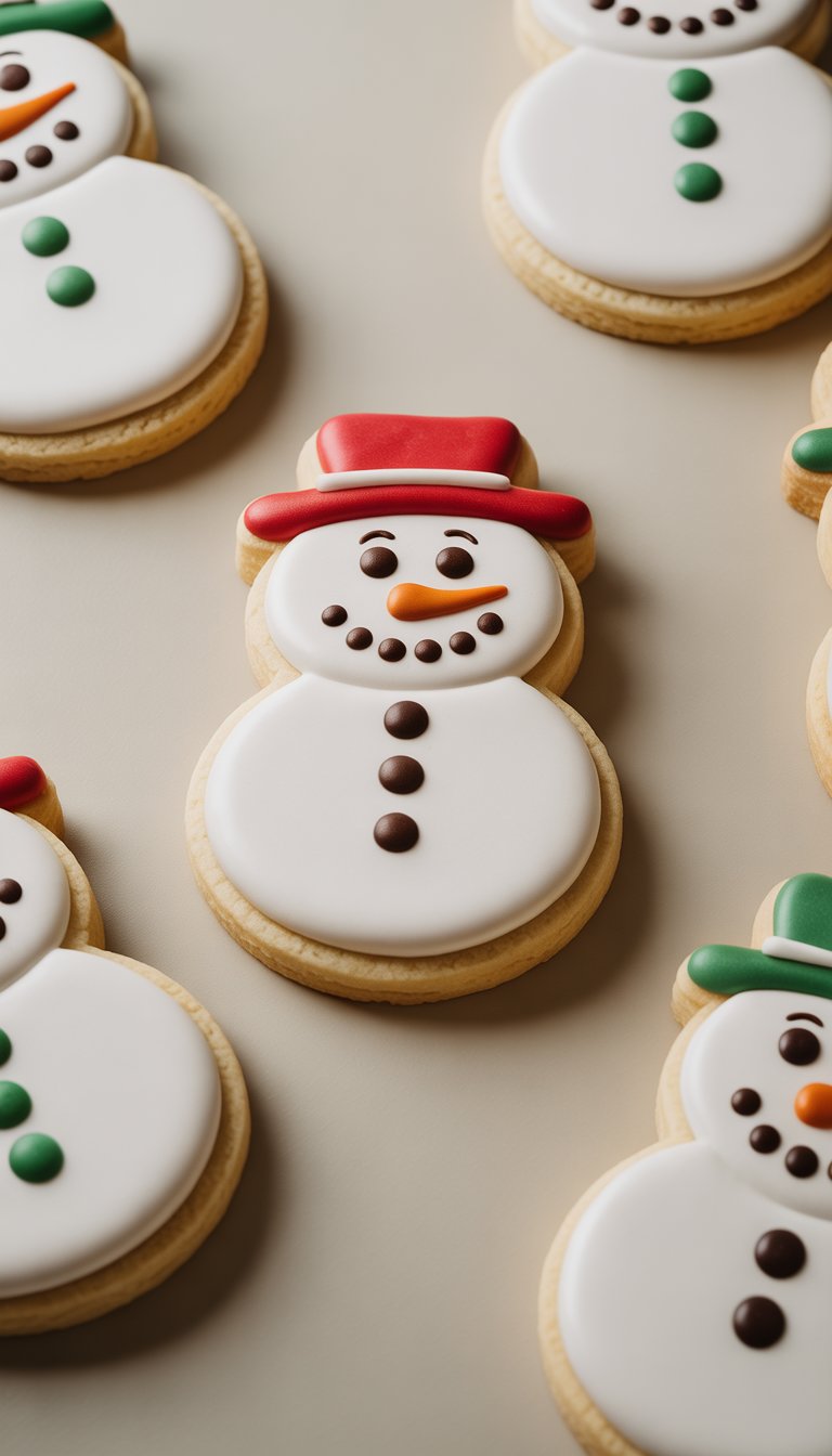 Closeup of several snowman sugar cookies decorated with colorful icing faces arranged on a clean surface.