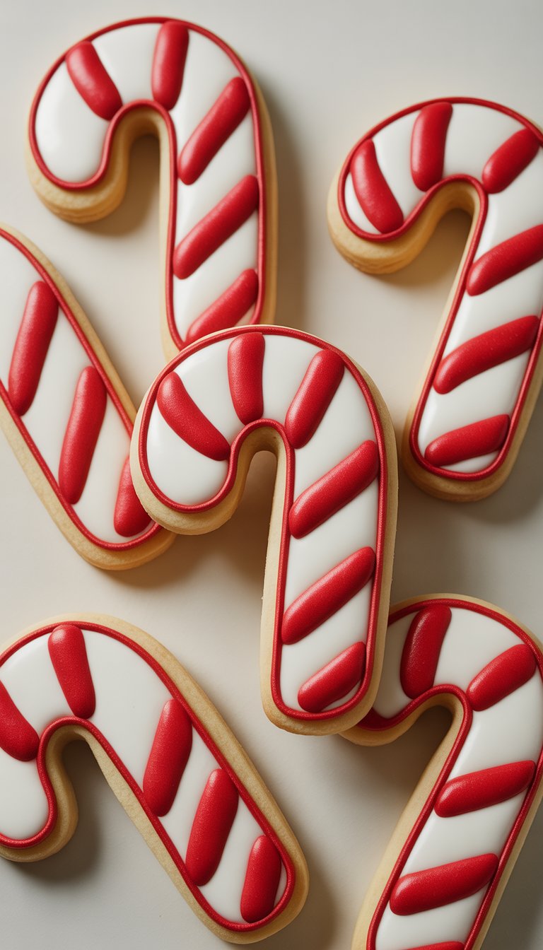 Closeup of several candy cane shaped sugar cookies decorated with red and white icing on a clean background.