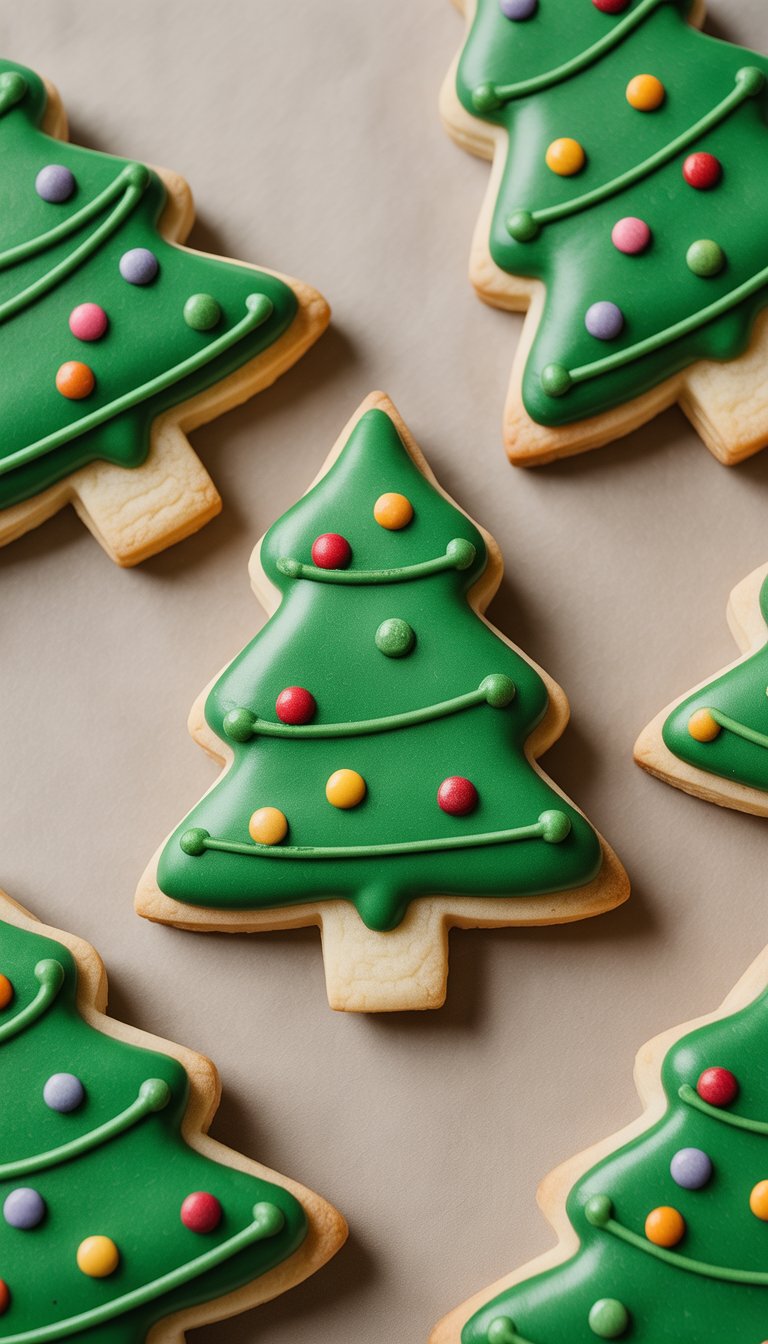 Closeup view of several Christmas tree sugar cookies decorated with green icing and colorful candy decorations on a plain background.