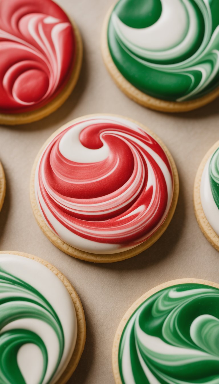 Closeup of several decorated sugar cookies with marbled icing patterns on a clean background.