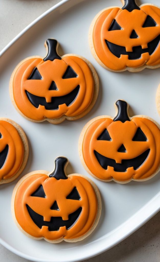 Decorative Halloween cookies shaped like jack-o'-lanterns with orange icing and black facial features, arranged on a white plate.