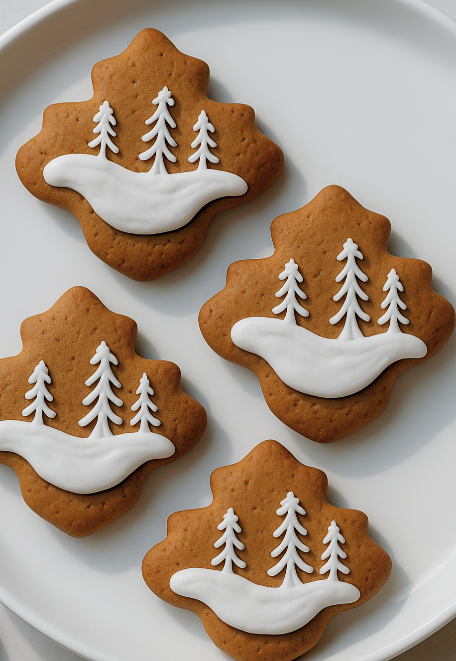Four gingerbread cookies decorated with white icing depicting snow and pine trees, arranged on a white plate.