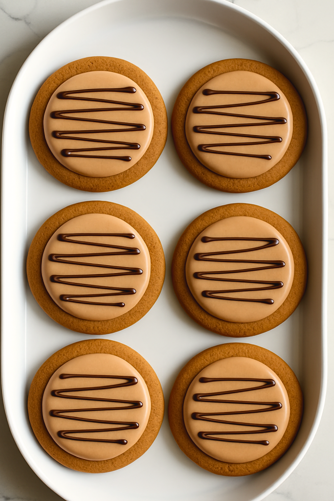 A white baking dish containing six round cookies, each topped with caramel-colored icing and drizzled with chocolate in a zigzag pattern, arranged in two rows of three.