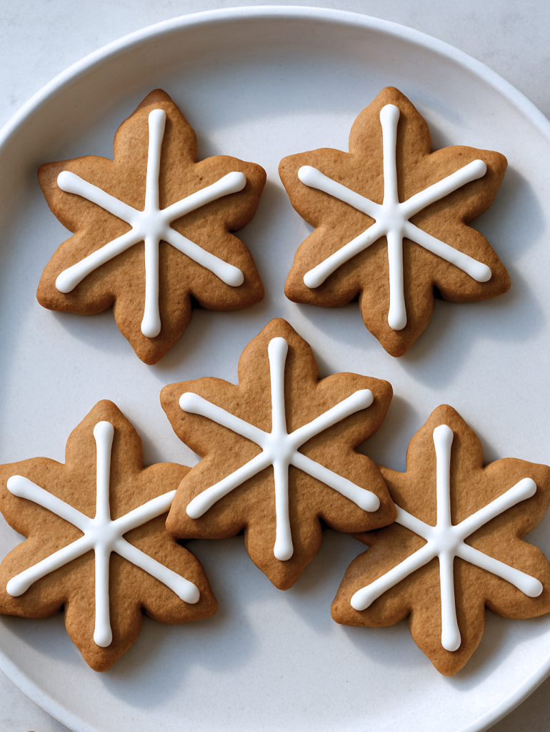 Five leaf-shaped cookies decorated with white icing on a round white plate.