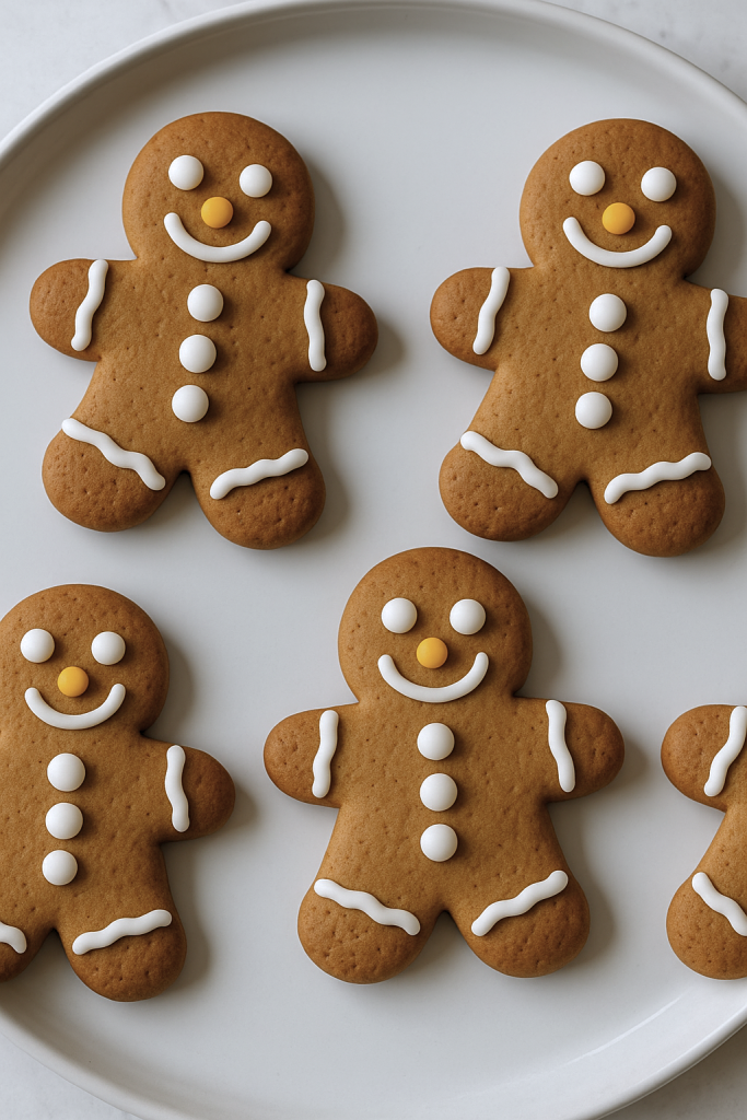 Five decorated gingerbread cookies shaped like gingerbread men on a white plate, featuring white icing details and yellow candy noses.