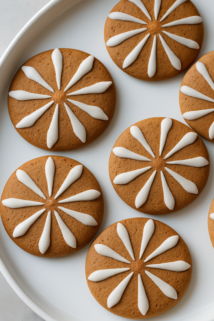 Round gingerbread cookies with white icing in a radial pattern on a white plate.