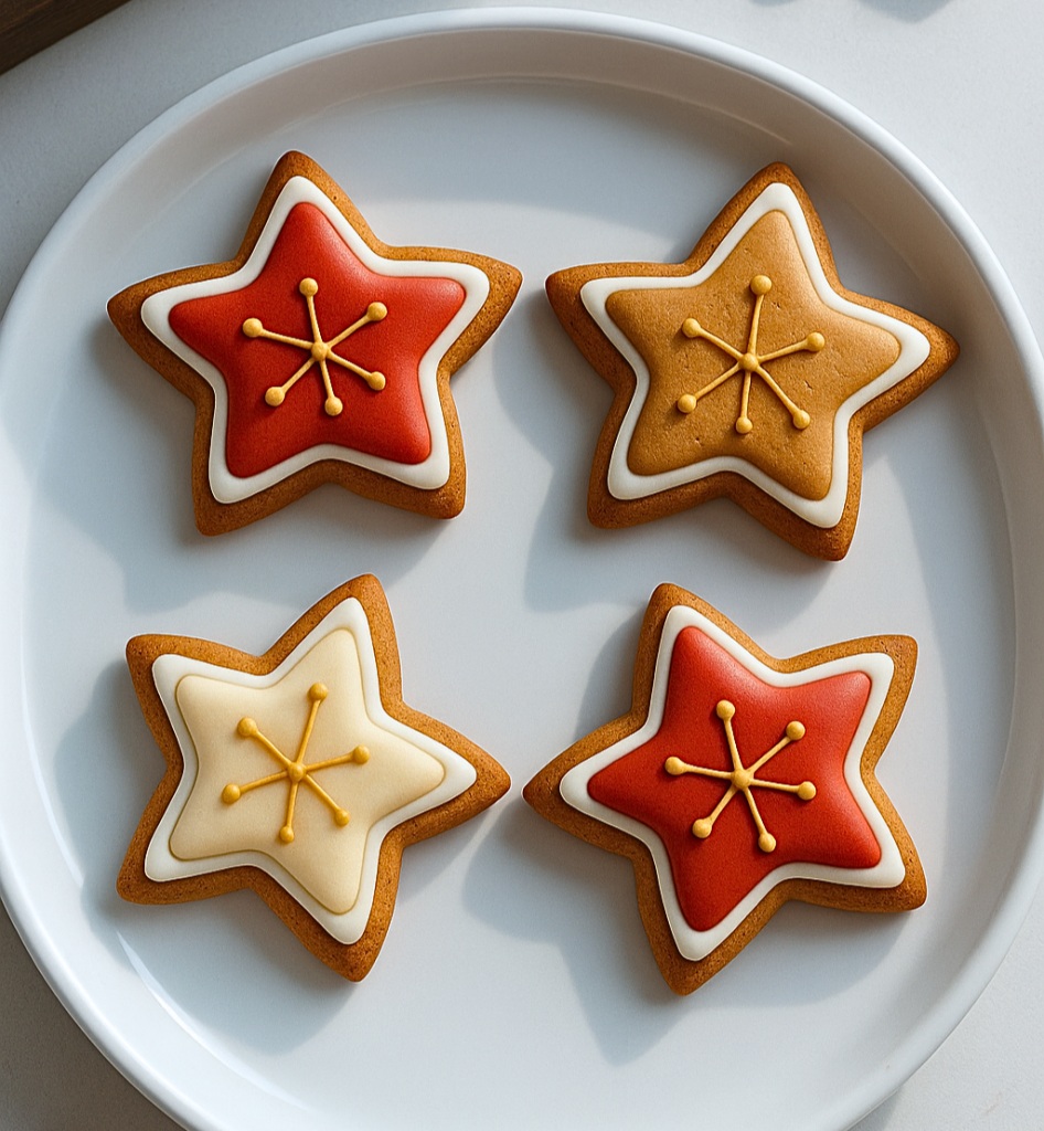A plate with four star-shaped cookies decorated with colorful icing; two have red centers with white borders, and two have yellow centers with white borders, each featuring a decorative yellow design.