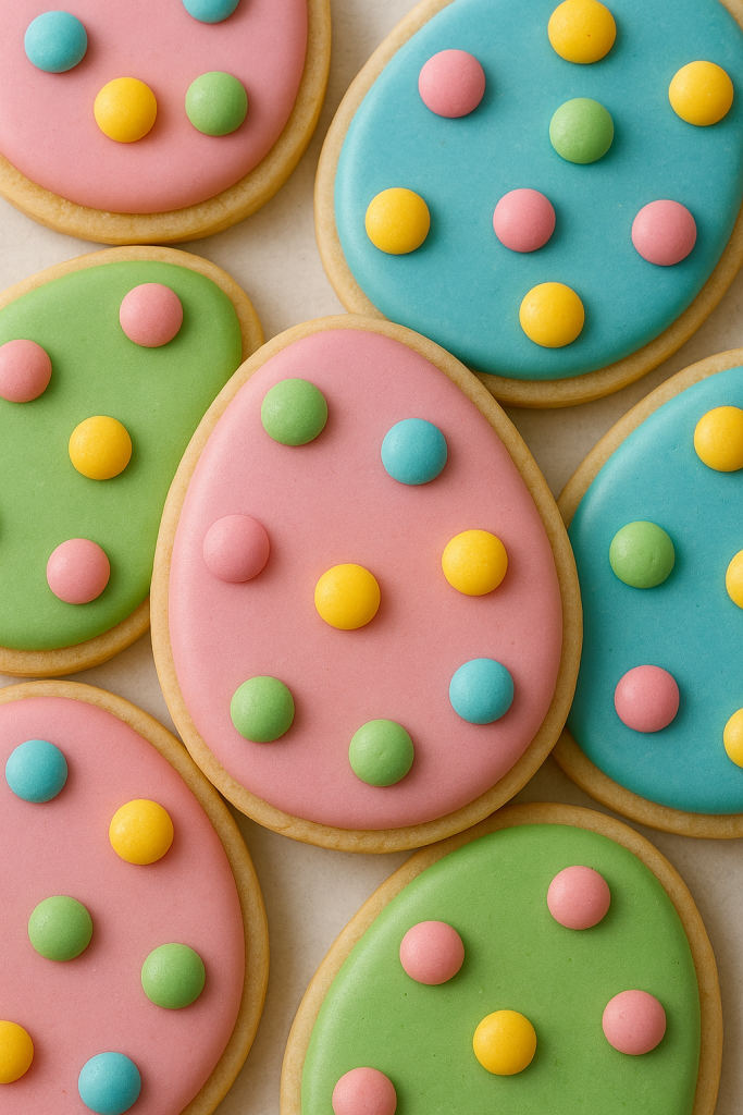 Colorful Easter egg-shaped cookies with pastel icing and dot decorations in pink, green, and blue with yellow, pink, blue, and green dots.