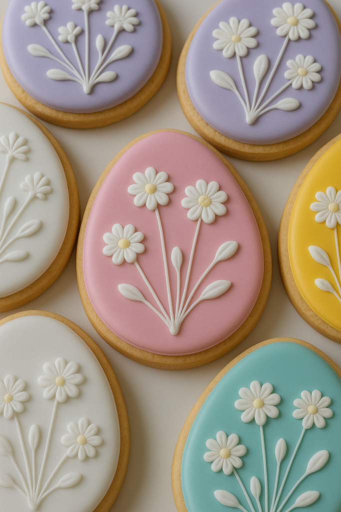 Decorative egg-shaped cookies with pastel-colored icing and floral designs, featuring daisies in white icing on pink, blue, white, yellow, and purple backgrounds.