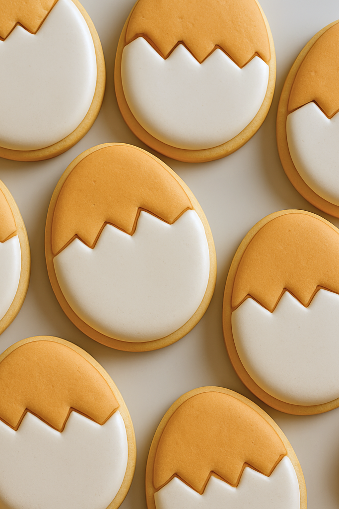 Decorated egg-shaped cookies with orange and white icing arranged on a flat surface.