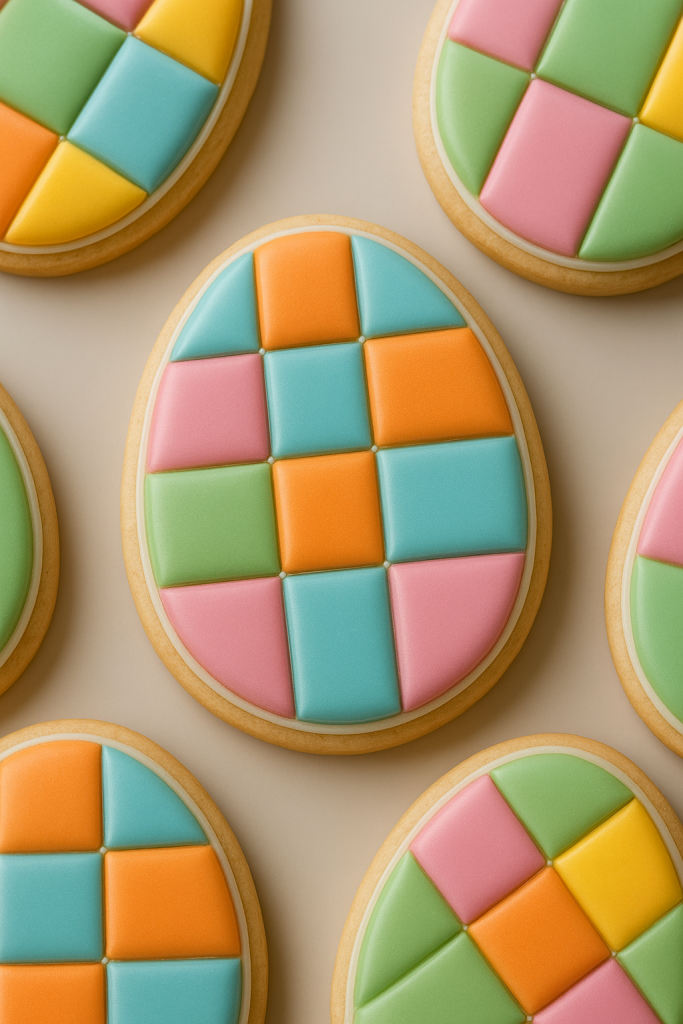 Decorative Easter cookies shaped like eggs, with icing in a quilt-like pattern of pastel colors including blue, pink, green, orange, and yellow.