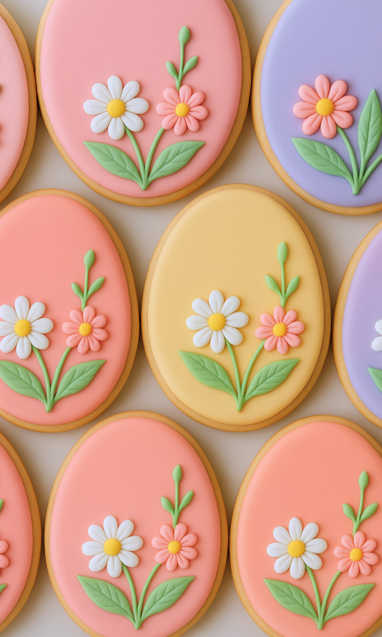 A collection of oval cookies with pastel icing, each decorated with intricate floral designs featuring daisies and pink flowers on shades of pink, yellow, and purple backgrounds.
