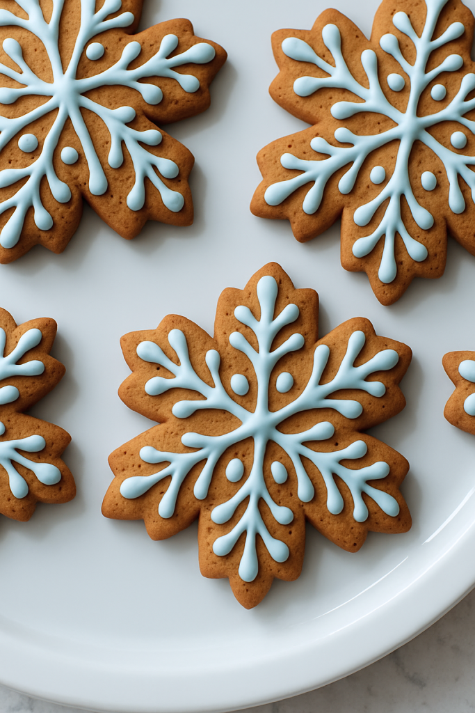 Gingerbread cookies shaped like snowflakes with light blue icing are arranged on a white plate.