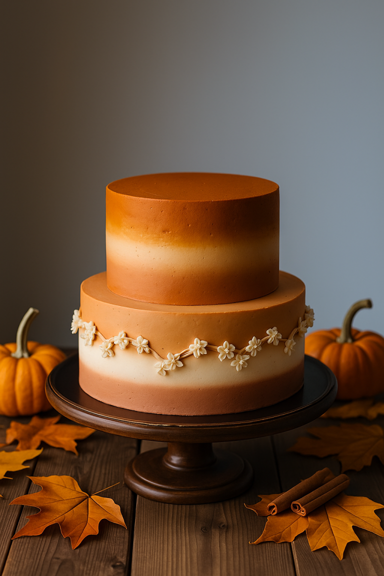 A two-tiered cake with warm autumn colors, decorated with gradient orange and brown frosting and white floral accents, displayed on a wooden stand surrounded by small pumpkins and autumn leaves.