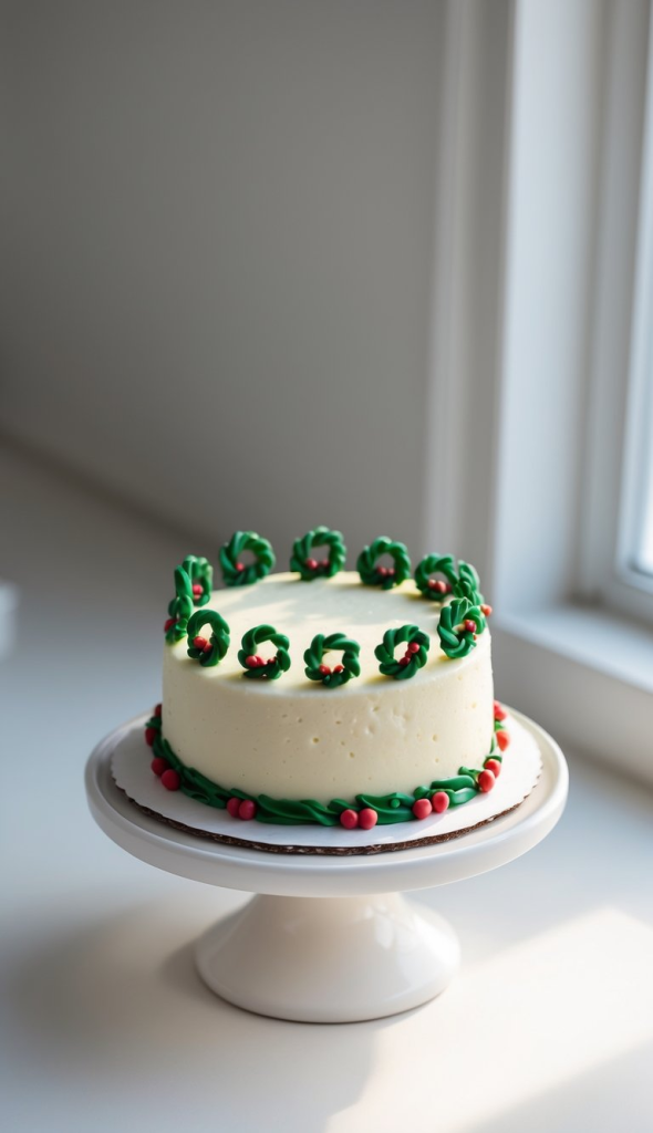 A round cake decorated with small green wreaths and red berries on top, placed on a white cake stand.
