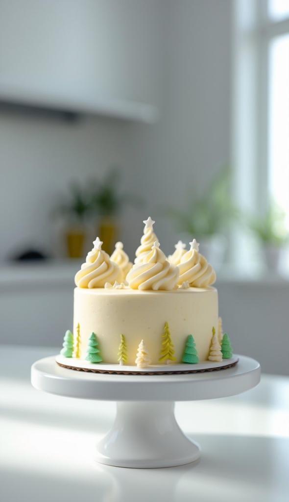 A decorative cake with white frosting swirls topped with star-shaped decorations, surrounded by small green and yellow tree designs, placed on a white cake stand.