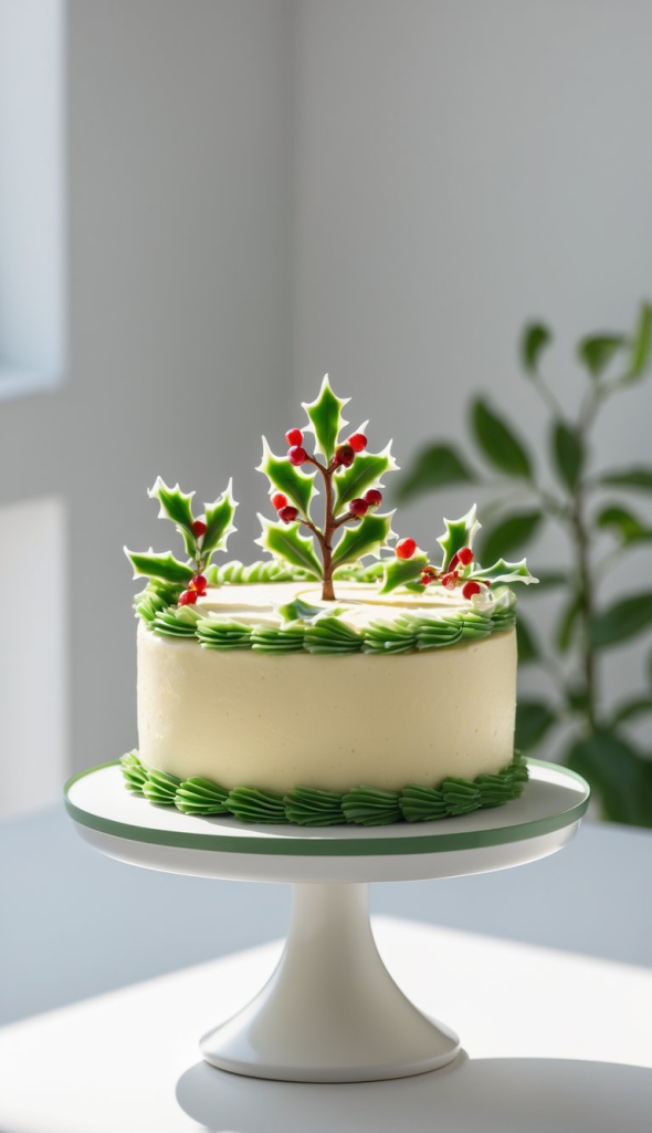 A cake with white frosting decorated with green and red icing to resemble holly leaves and berries, placed on a white cake stand.