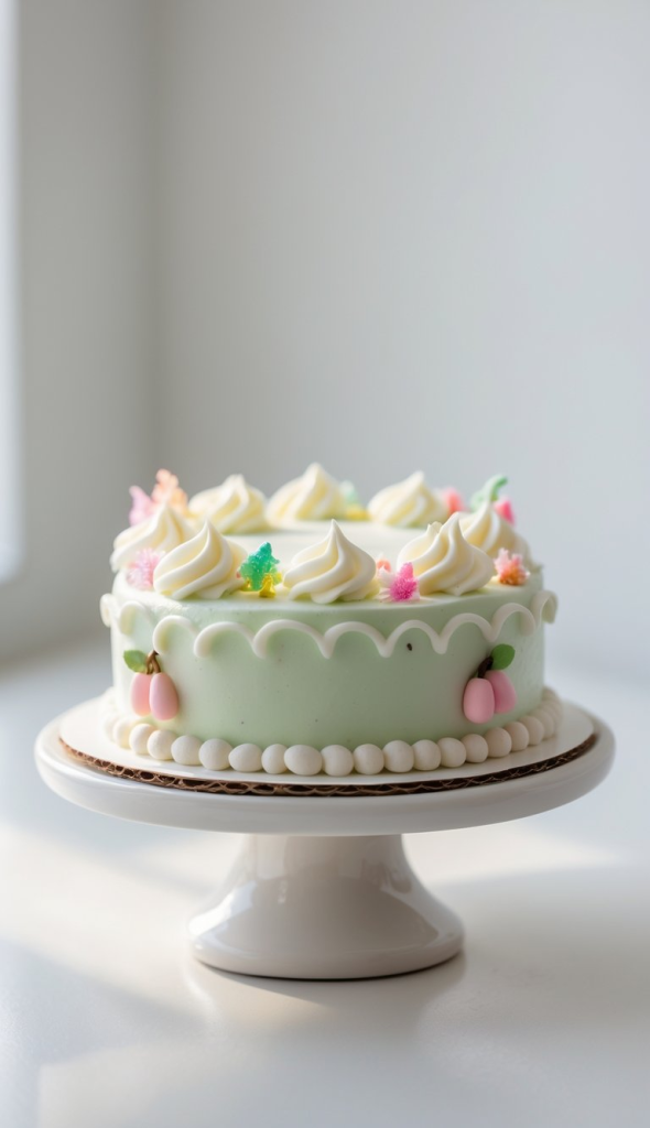 A pastel-colored cake on a white stand, decorated with white frosting swirls, colorful sugar decorations, and a scalloped icing border around the edge.