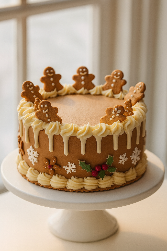 A festive cake decorated with gingerbread men cookies, white icing drips, and holly berry decorations placed on a white cake stand.