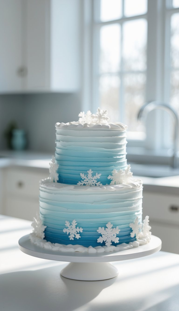 A two-tiered cake with a blue ombre frosting, decorated with white fondant snowflakes, on a white cake stand in a bright kitchen.