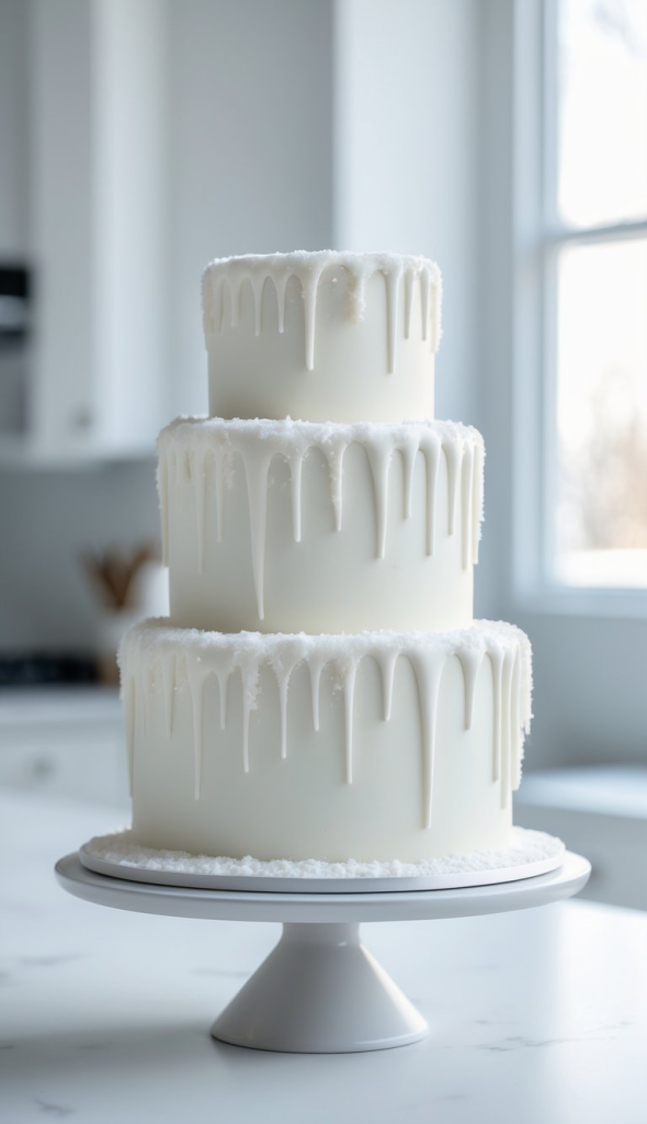 A three-tiered white cake with smooth icing and a decorative drip effect on a white cake stand.