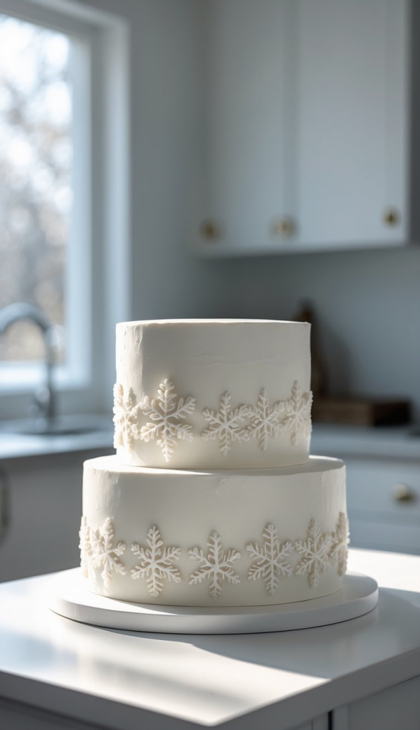 A two-tier white cake decorated with edible snowflakes, placed in a sunlit kitchen with white cabinets in the background.