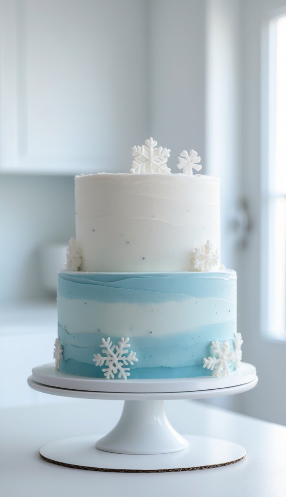 A two-tiered cake with a blue and white gradient design, decorated with white snowflake toppers, placed on a white cake stand.