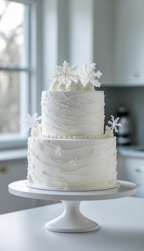 A two-tier white cake decorated with swirling patterns and adorned with snowflake accents, topped with additional snowflakes, sitting on a white cake stand in a softly lit kitchen.