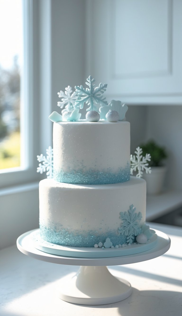 A two-tiered white cake decorated with blue ombre frosting, snowflake designs, and small white sugar spheres, placed on a white cake stand.