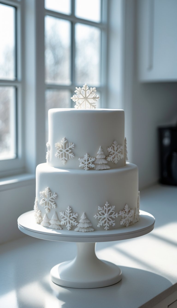 A two-tiered white cake decorated with snowflake and tree designs, topped with a large snowflake, placed on a white cake stand by a window.