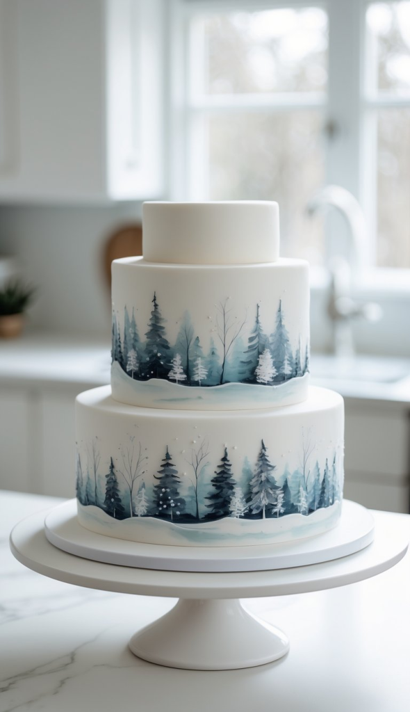 A three-tiered white cake with winter forest scenery painted on the middle tiers, featuring snow-covered trees and a snowy landscape, displayed on a white stand in a bright kitchen.