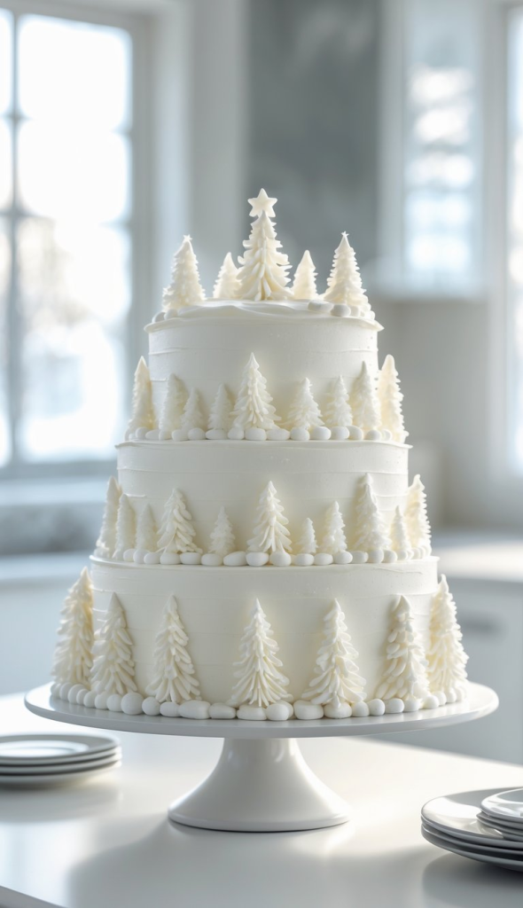 A three-tiered white cake decorated with small icing trees displayed on a white cake stand, with a soft background featuring blurred windows.