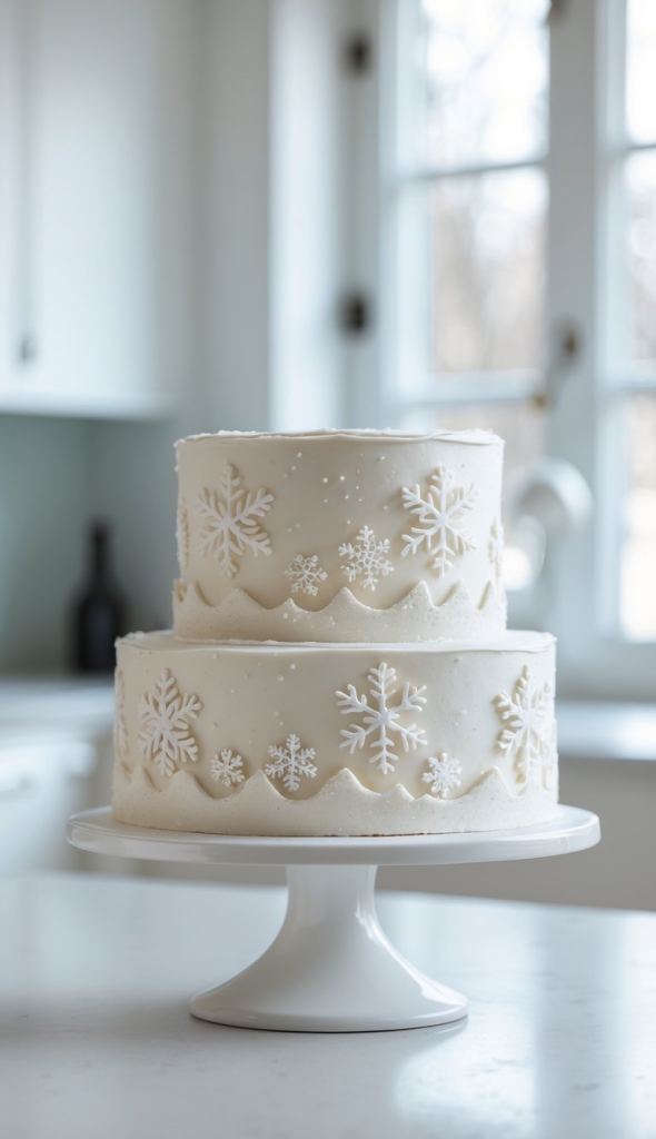 A two-tiered white cake with decorative snowflakes, placed on a white cake stand in a bright kitchen setting.