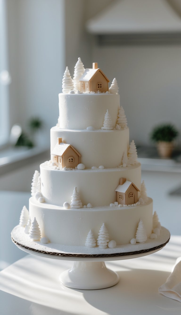 A three-tiered white wedding cake decorated with small fondant houses and trees, resembling a winter village scene, on a cake stand.