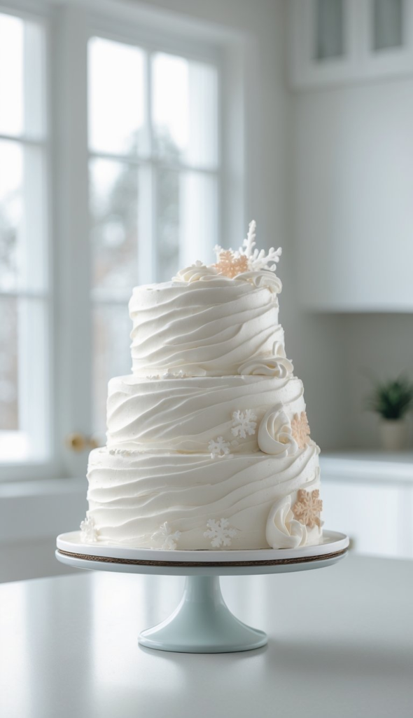 A two-tiered white cake with textured icing, decorated with snowflake designs, displayed on a white pedestal stand in a bright kitchen setting.