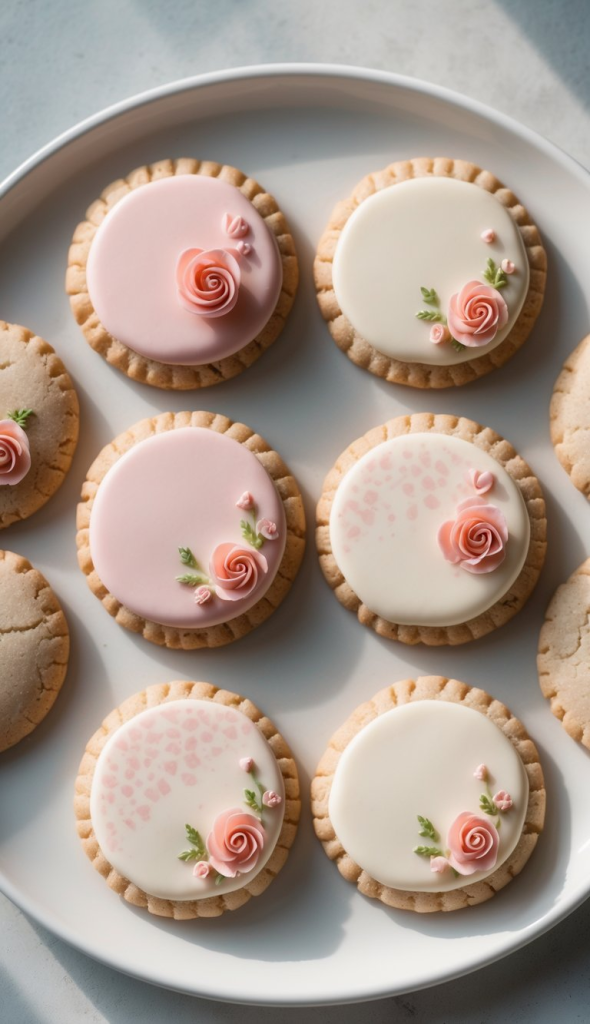 A plate of decorated sugar cookies featuring pink and white icing adorned with intricate rose designs and small leaves.