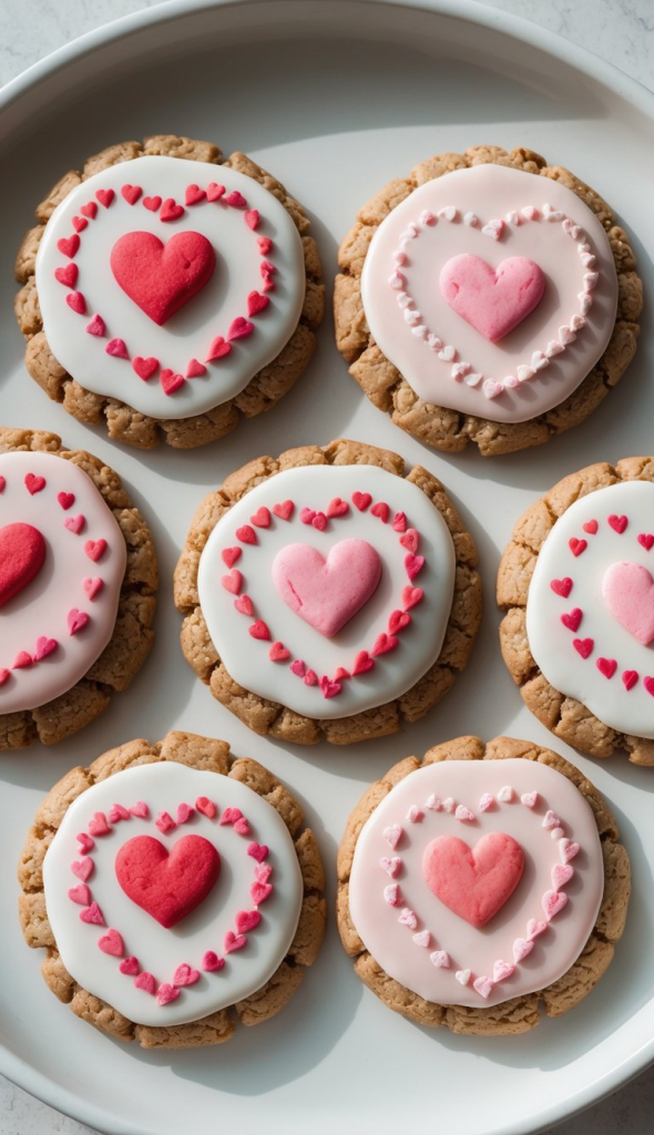 Seven cookies topped with white and pink icing decorated with red and pink heart shapes arranged in circular patterns, displayed on a plate.